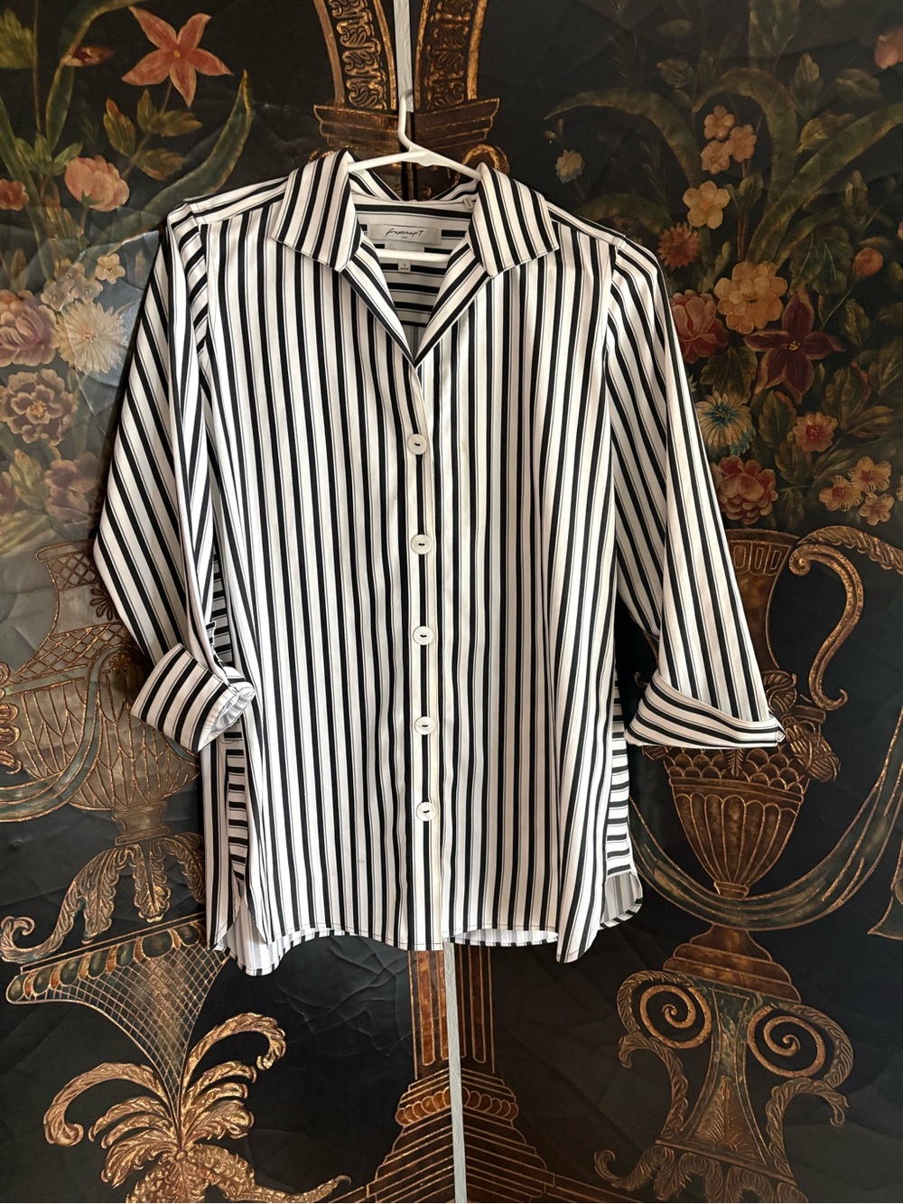 Foxcroft Black and White Vertical Stripe Button-Down Shirt